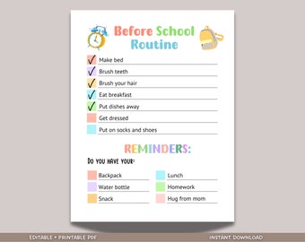 Lista di controllo stampabile prima della scuola, Promemoria mattutino per bambini, Grafico modificabile della routine mattutina, Promemoria elementari per la scuola materna