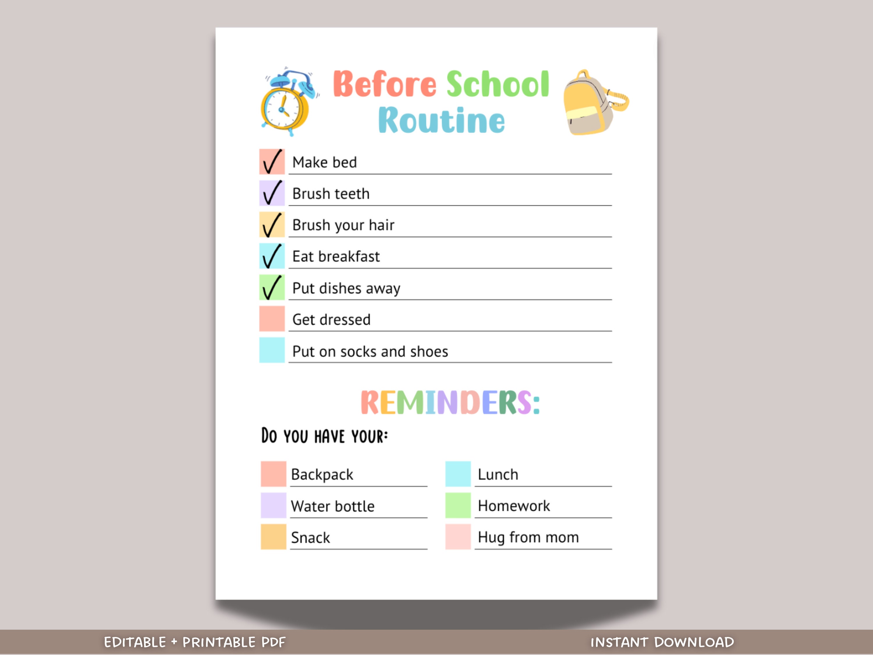Printable Before School Checklist, Morning Reminders for Kids, Editable ...