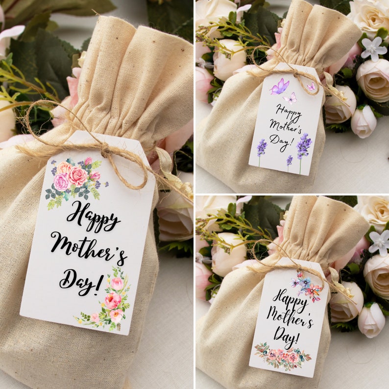 May include: Three small burlap gift bags with tags that say "Happy Mother's Day!" Each tag has a different floral design with butterflies.