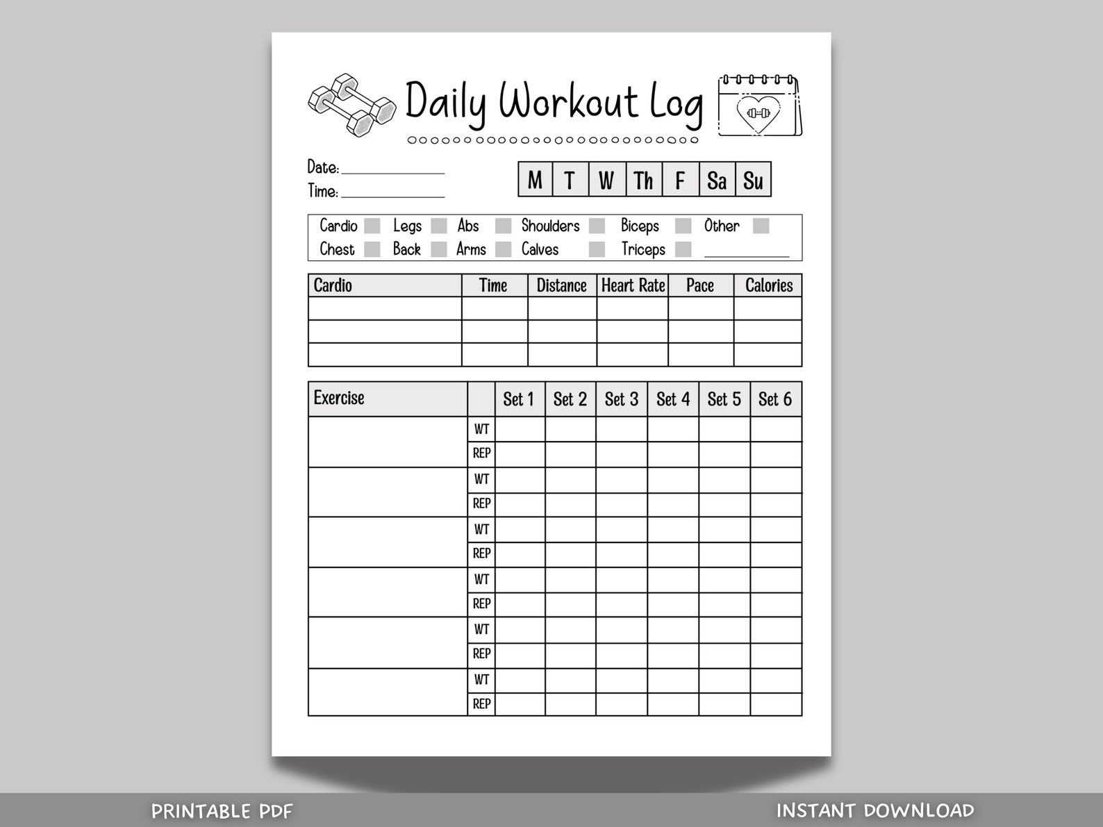Daily Workout Log Printable Exercise Planner, Fitness Planner Journal ...