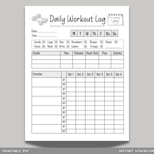Daily Workout Log Printable Exercise Planner, Fitness Planner Journal, Workout Tracker, Exercise Log Fitness Tracker, Gym Training Log PDF