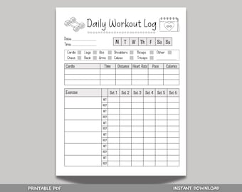 Daily Workout Log Printable Exercise Planner, Fitness Planner Journal, Workout Tracker, Exercise Log Fitness Tracker, Gym Training Log PDF