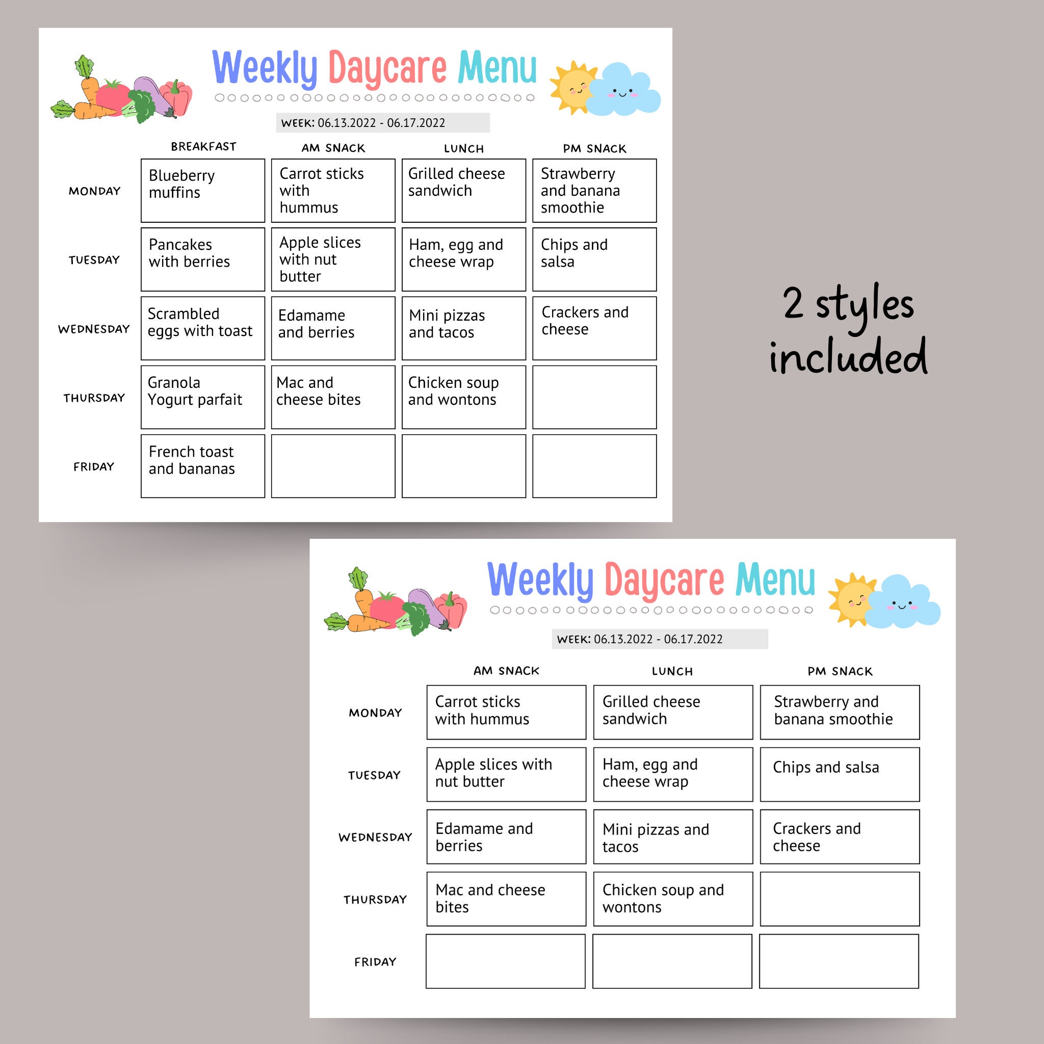 Daycare Weekly Menu Printable, Home Daycare Monthly Meal Planner ...
