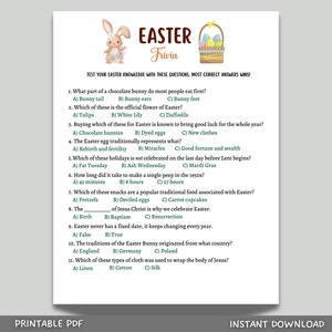 May include: A printable Easter trivia game with a cartoon bunny and a basket of eggs. The game includes 11 questions with multiple choice answers. The questions cover topics such as the official flower of Easter, the meaning of the Easter egg, and the origin of the Easter Bunny.