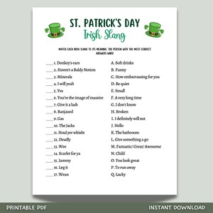St Patrick&#39;s Day Irish Slang Game Printable, St Paddy&#39;s Party Games, St. Pattys Activity For Kids and Adults, Fun St Pats Day Classroom Game