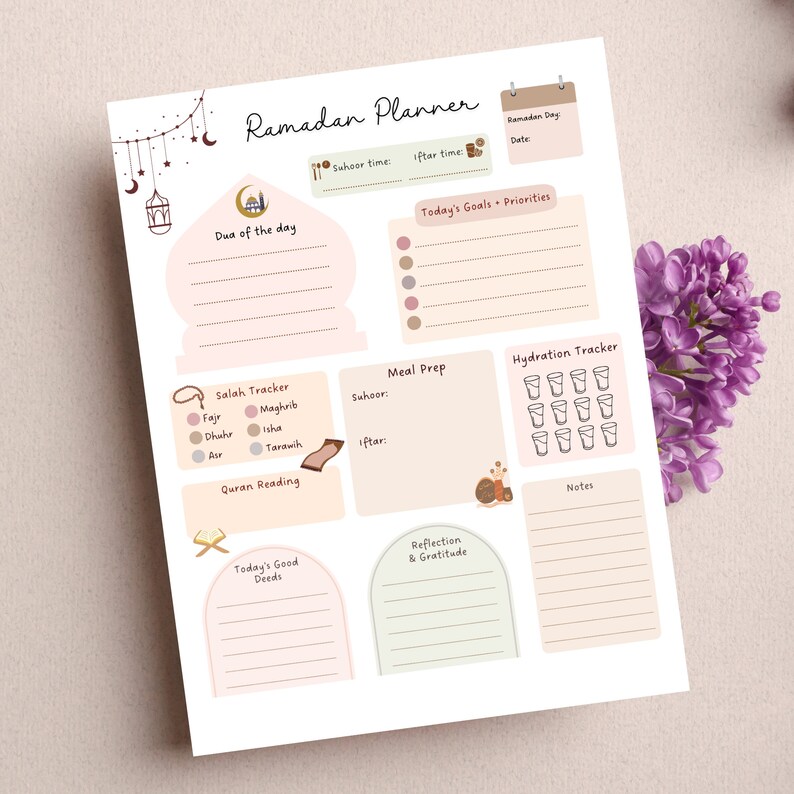 May include: A printable Ramadan planner with sections for daily goals, meal prep, hydration tracking, Quran reading, reflection, and gratitude. The planner features a light pink and green color scheme with illustrations of a mosque, a prayer rug, and a glass of water.