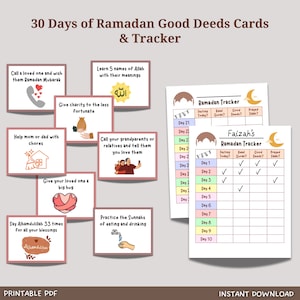 30 Ramadan-kaarten met goede daden afdrukbaar, Ramadan-adventkaarten, vastenkaart voor kinderen, kinderen vasten, ramadan-activiteit voor kinderen, dagelijkse ramadan-tracker