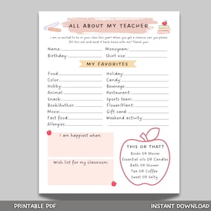 All About My Teacher Survey, Back to School Teacher Questionnaire Printable, Teacher Favorites, Teacher Appreciation, Get to Know Teacher
