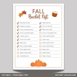 Fall Bucket List Printable, Editable Autumn Bucket List, Fun Autumn Activities Checklist, Fall To Do List, Family Fall Bucket List PDF