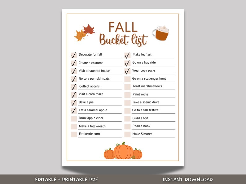 This editable fall bucket list is a printable pdf and an instant digital download! This cute printable is perfect to keep track of fun activities and memories you would like to create with your friends and family!