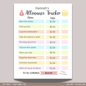 Editable Allowance Chart For Kids | Allowance Tracker | Editable Chore Chart | PDF Incentive chart | A4 Instant Download | Behavior chart