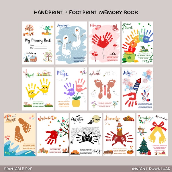 Handprint Memory Book Printable, DIY Footprint Art Kids Activity, Monthly Keepsake Craft Baby Toddler PreK Preschool Kindergarten 1st Grade