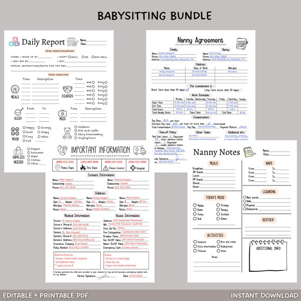 Babysitter Planner Printable Bundle, Babysitter Information, Nanny Notes, Nanny Agreement, Emergency Info Sheet, Toddler Daily Report Log