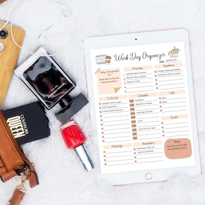 May include: A digital planner on a tablet screen with a beige background. The planner has sections for "To Do List", "Priorities", "Schedule", "Meetings", "Reminders", "Calls", "Emails", and "Notes".