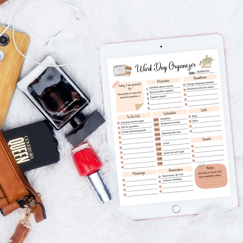 May include: A digital planner on a tablet screen with a beige background. The planner has sections for "To Do List", "Priorities", "Schedule", "Meetings", "Reminders", "Calls", "Emails", and "Notes".