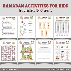 Ramadan Eid Activity Pack Printable, Islamic Worksheets for Kids Classroom Homeschool Fun Learning Muslim Activities Word Search Coloring