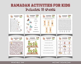 May include: A set of printable Ramadan activity sheets for kids. The sheets feature a variety of activities, including a checklist, word search, maze, spot the difference, reflection, and word sequence. The sheets are designed to be fun and educational, and they are perfect for helping kids learn about Ramadan.