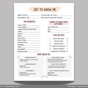 May include: A printable "Get to Know Me" worksheet with sections for personal information, favourite things, hobbies, and work preferences. The worksheet is designed in a pink and green colour scheme with a pink and white brushstroke background.