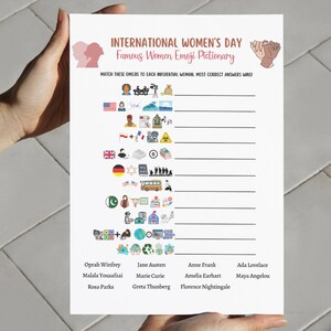 May include: A printable game for International Women's Day. The game is called "Famous Women Emoji Pictionary". Players match emojis to influential women. The emojis include a camera, a plane, a birdcage, a book, a bus, a school, a globe, and a peace sign.