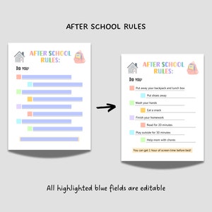 May include: A printable checklist for children to follow after school. The checklist includes tasks such as putting away their backpack, washing their hands, and reading for 20 minutes. The checklist is designed to help children stay organised and on track after school.