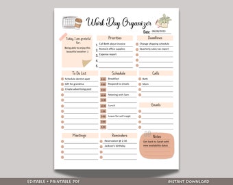 Work Day Organizer Editable Fillable, Printable Work Planner, Daily Planner, To Do List, Digital Productivity Planner, Daily Schedule Work