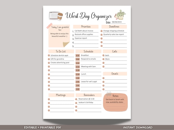 Work Day Organizer Editable Fillable, Printable Work Planner, Daily Planner, To Do List, Digital Productivity Planner, Daily Schedule Work