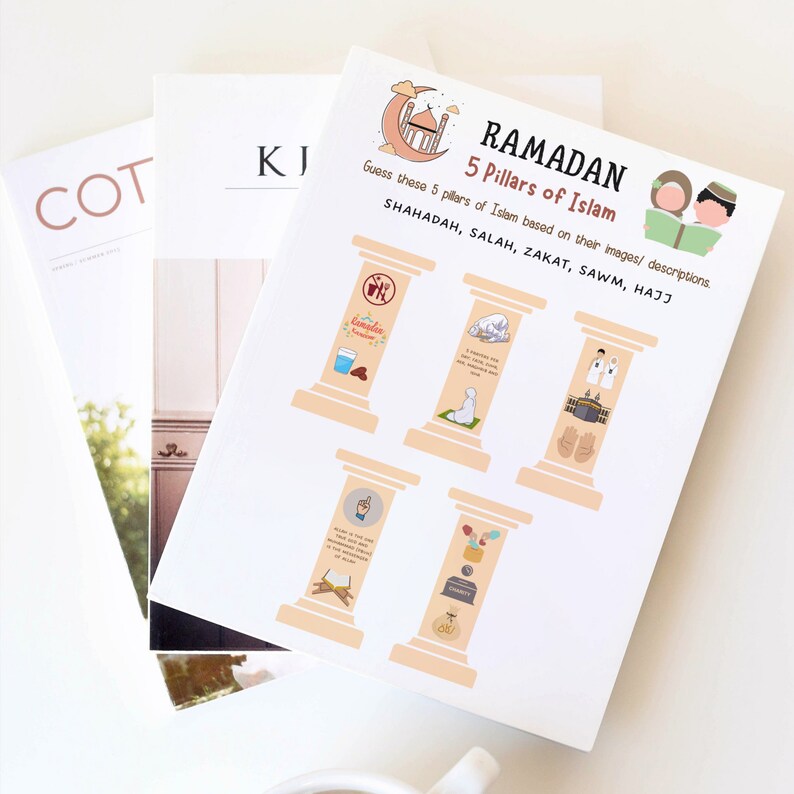 May include: A printable worksheet with illustrations of the five pillars of Islam: Shahadah, Salah, Zakat, Sawm, and Hajj. The worksheet is titled "Ramadan 5 Pillars of Islam" and includes a prompt to guess the pillars based on the images.