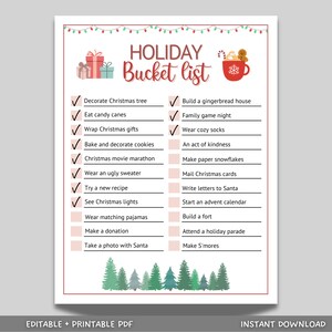 Holiday Bucket List Printable, Editable Christmas Bucket List, Winter Bucket List Template, Fun Family Christmas Activity Checklist