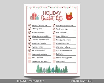 Può includere: Un elenco di cose da fare per le vacanze stampabile con sfondo rosso e bianco. L'elenco include attività come decorare un albero di Natale, cuocere i biscotti e fare s'mores. L'elenco è decorato con illustrazioni festive di alberi di Natale, regali e una casetta di pan di zenzero.