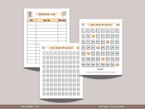 Printable Reading Chart Kids, Reading Log Tracker 50 100 Books, Book Reading Challenge, Homeschool Reading Reward Chart, Progress Chart PDF