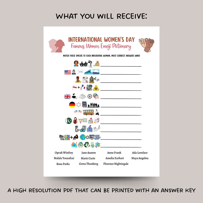 May include: Printable International Women's Day game featuring a list of famous women and emojis to match. The game is titled "Famous Women Emoji Pictionary".