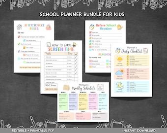 Editable School Planner Kids Printable, Back To School Bundle, ScreenTime Chart, Daily Checklist, After School Rules/Before School Checklist