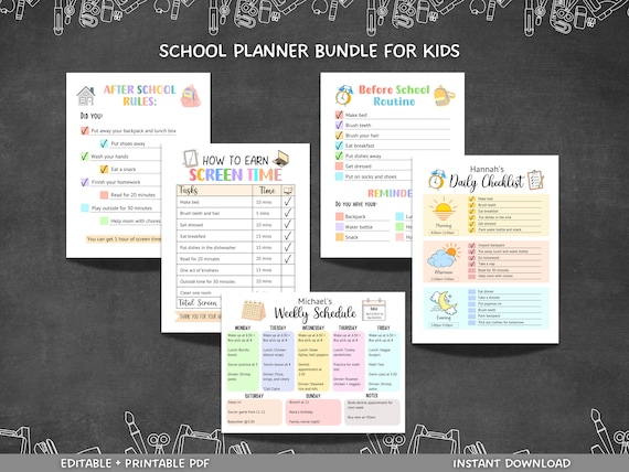 Editable School Planner Kids Printable, Back To School Bundle, ScreenTime Chart, Daily Checklist, After School Rules/Before School Checklist