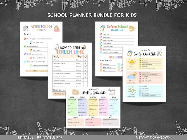 This school planner bundle is an editable, printable & an instant download! Includes everything you need to keep kids organized & have a stress free routine. Great to remind kids what they should do before & after school to earn screen time/ rewards.