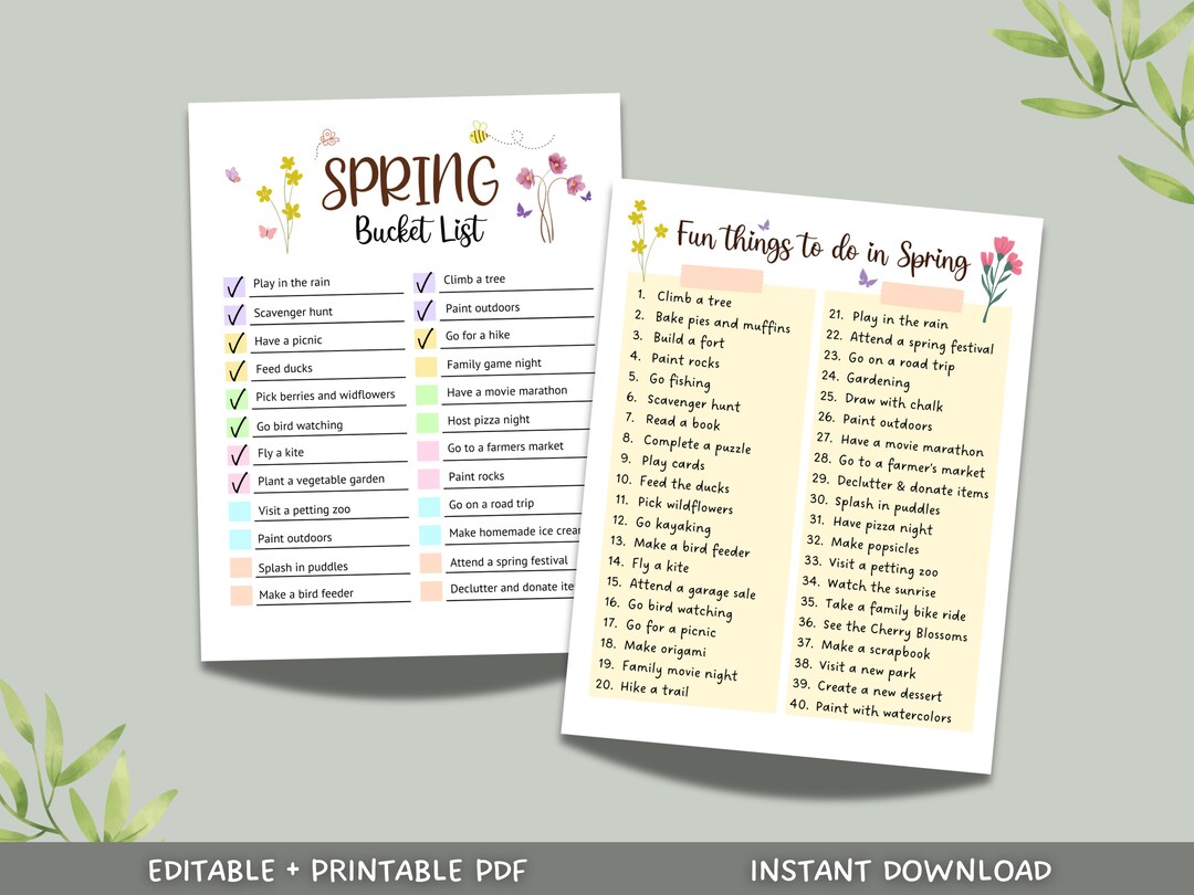 Editable Spring Bucket List, Printable Fun Spring Activities for Kids ...