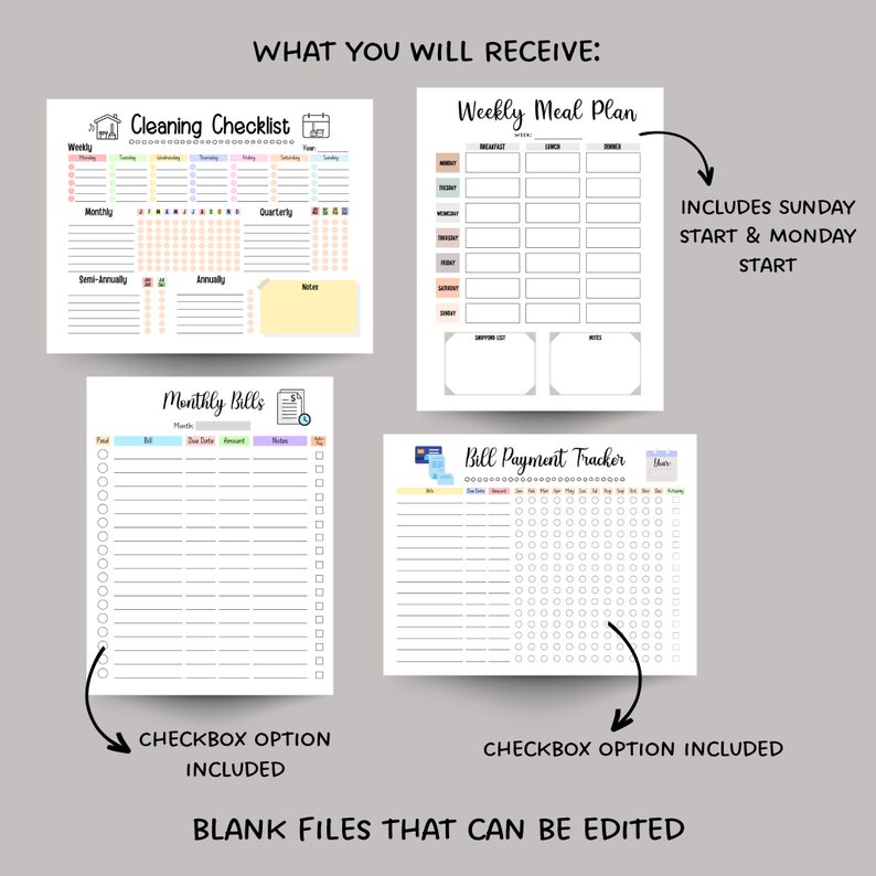 Household Planner Printable, Home Management Bundle, Editable Cleaning Schedule, Monthly Bill Tracker, Yearly Bills, Weekly Meal Planner image 2