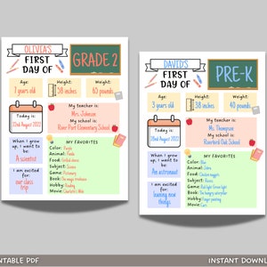 First and Last Day of School Signs Printable, Back to School Template, School Questionnaire Printable, All About Me Instant Download PDF