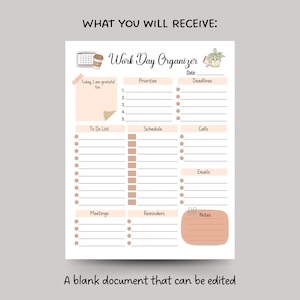 May include: A printable work day organiser with sections for to-do list, schedule, calls, emails, meetings, reminders, and notes. The organiser has a pink and brown colour scheme with illustrations of a coffee cup, a potted plant, and a calendar.