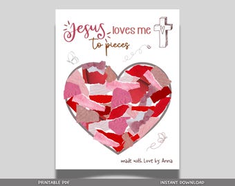 Jesus Loves Me to Pieces Christian Craft Printable, Valentine’s Day Art for Sunday School, Baby Toddler Child Nursery DIY Activity Preschool