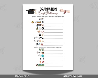 May include: A printable graduation-themed game with emojis. Players guess the graduation-related words or phrases represented by the emojis. The game includes a graduation cap, a diploma, and a school bus.
