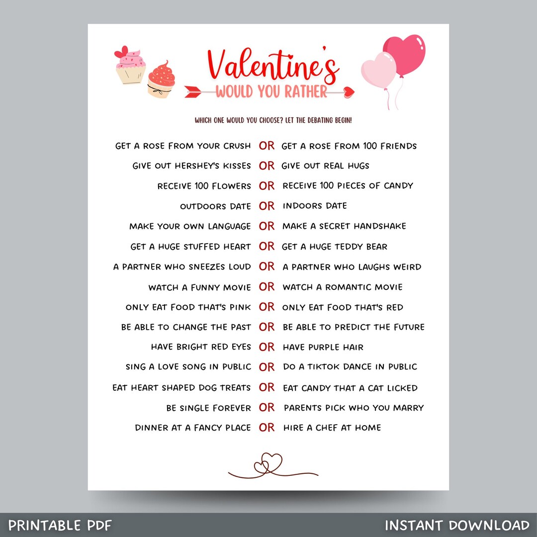 Valentine's Day Would You Rather Game Printable, This or That Game ...