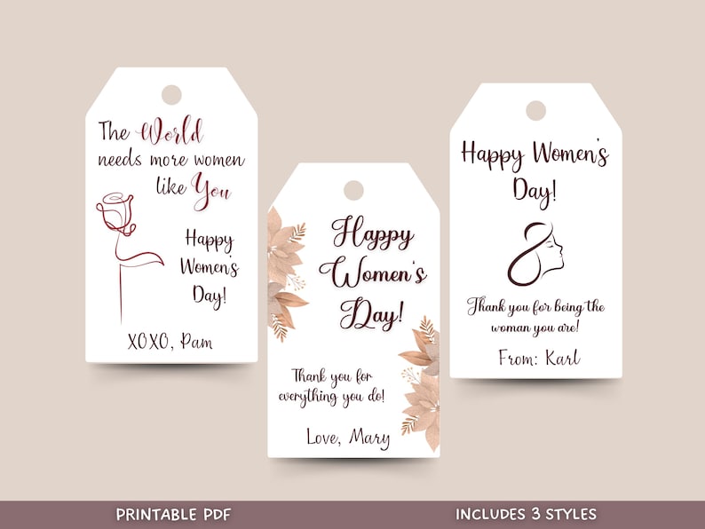 These Happy Womens Day gift tags are customized and printable. These are not an instant download but will be sent pretty quickly once purchased! Simply download, print, use a hole punch to put a ribbon in and gift away!