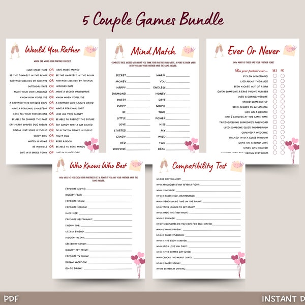 Jeux pour couple à imprimer, Jeux avec rendez-vous amoureux, Jeux d'anniversaire de mariage, Jeux de fête amusants pour couples, Jeux de la Saint-Valentin, Jeux de soirée en couple