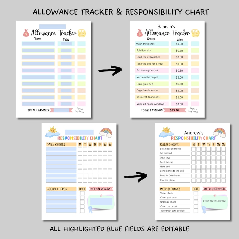 May include: Printable chore charts for children with a colourful design featuring a sun, clouds, and rainbows. The charts include sections for daily and weekly chores, with checkboxes for each day of the week. The charts also include sections for allowance tracking and a weekly reward.