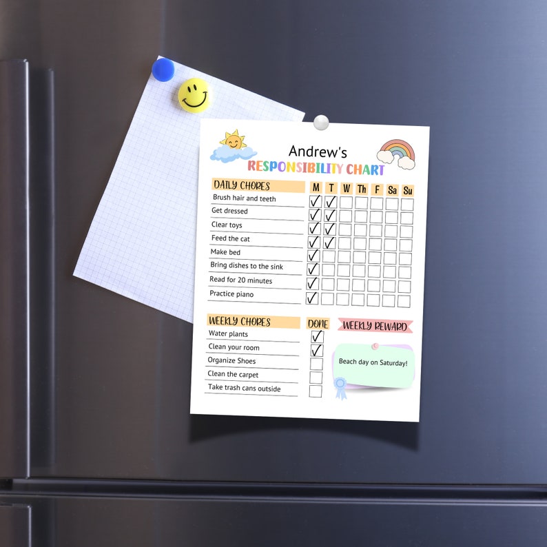 May include: A colourful printable responsibility chart for children with a rainbow, sun, and clouds. The chart includes daily chores such as brushing teeth, getting dressed, and making the bed. It also includes weekly chores such as watering plants and cleaning the room. The chart has a section for ticking off completed tasks and a reward section that says "Beach day on Saturday!"