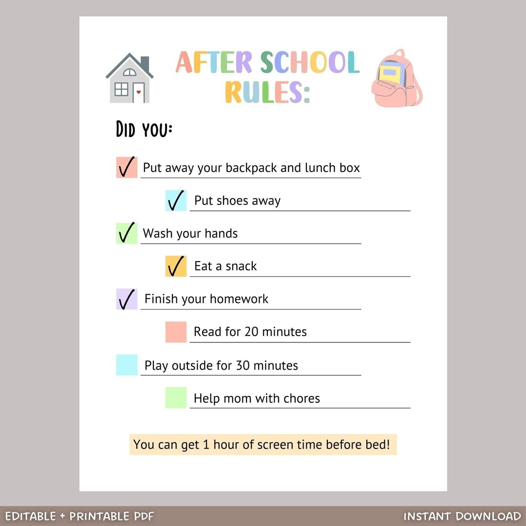 Editable After School Rules, Printable After School Checklist Reminders ...