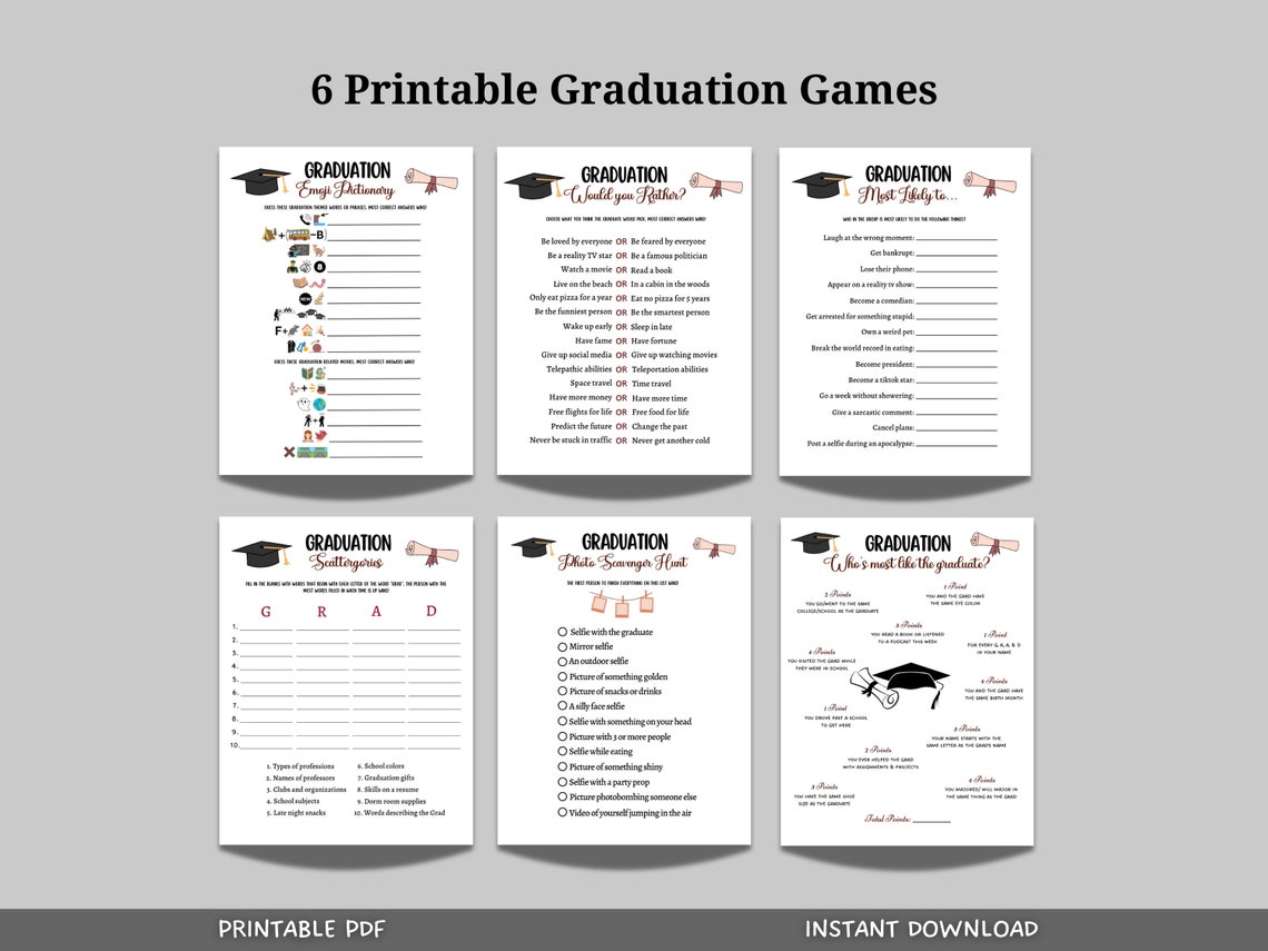 Printable Gradulation Games Graduation Party Games Printable, High School Senior Grad Party Games ...