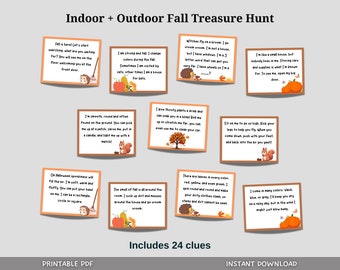 Fall Scavenger Hunt For Kids Printable, Indoor Outdoor Autumn Treasure Hunt Clues Printable, Fun Party Games, Fall Halloween Activity Ideas
