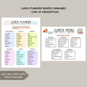 May include: A printable lunch planner and menu template with a colorful design. The planner includes sections for vegetables, fruits, grains, protein, dairy, and treats. The menu includes a weekly meal plan with options for Monday, Tuesday, Wednesday, Thursday, and Friday.