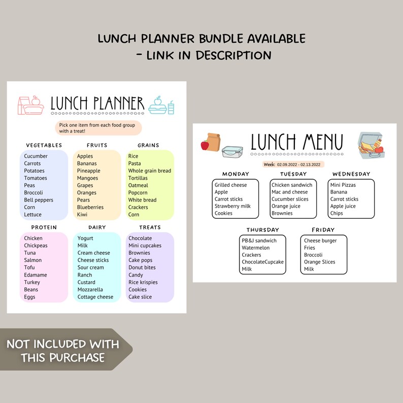 May include: A printable lunch planner and menu template with a colorful design. The planner includes sections for vegetables, fruits, grains, protein, dairy, and treats. The menu includes a weekly meal plan with options for Monday, Tuesday, Wednesday, Thursday, and Friday.